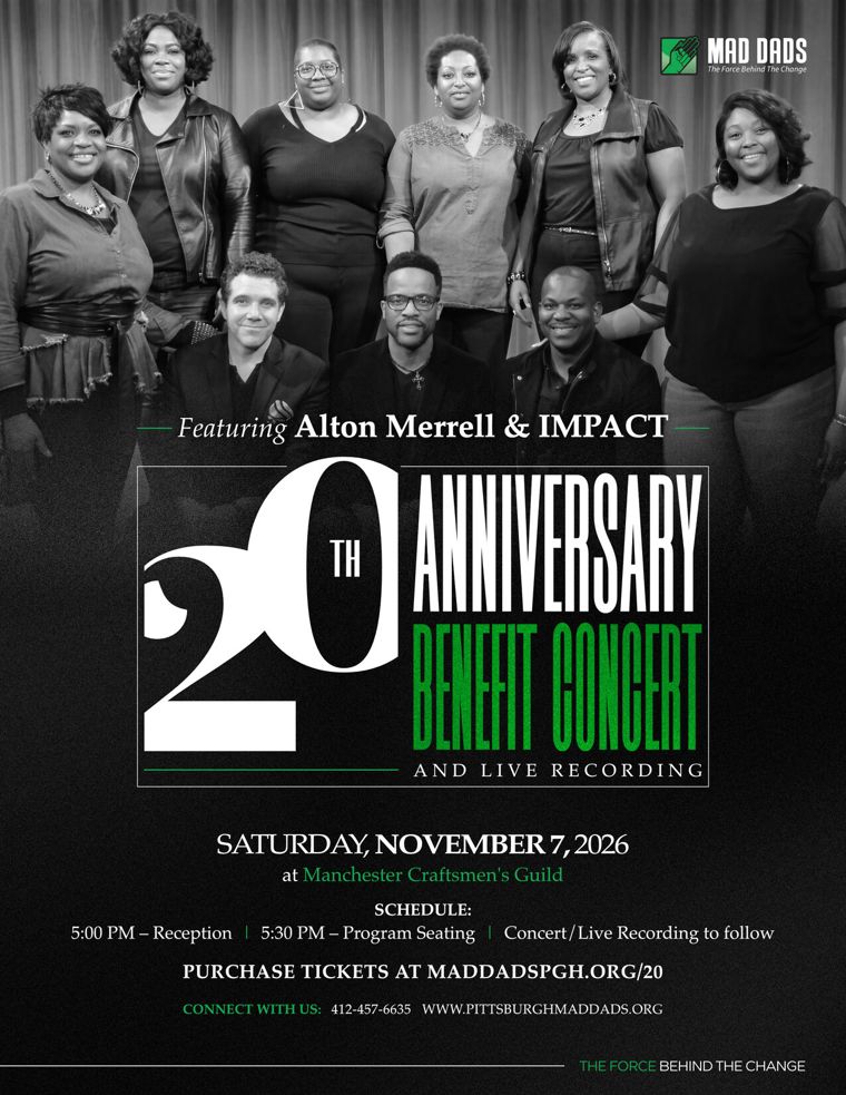 Official poster for the MAD DADS 20th Anniversary Gospel Jazz Benefit Concert, showing the nine members of Dr. Alton Merrell & IMPACT